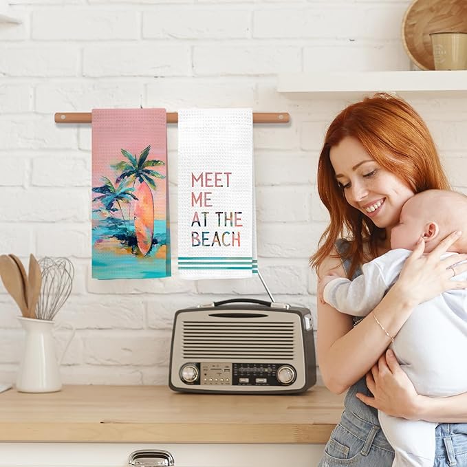 Boho Coastal Beach Kitchen Towels, Meet Me at The Beach Decorative Hand Towels - Image 3