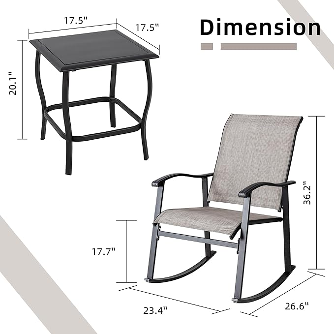 Vongrasig 3 Piece Outdoor Rocking Bistro Set, Textilene Fabric Small Patio Furniture Set, Front Porch Rocker Chairs Conversation Set with Glass Table for Lawn, Garden, Balcony, Poolside (Taupe) - Image 6