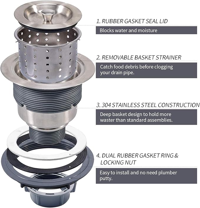 3-1/2 Inch Sink Drain Assembly Kit, Removable Deep Sink Strainer Basket - Image 5