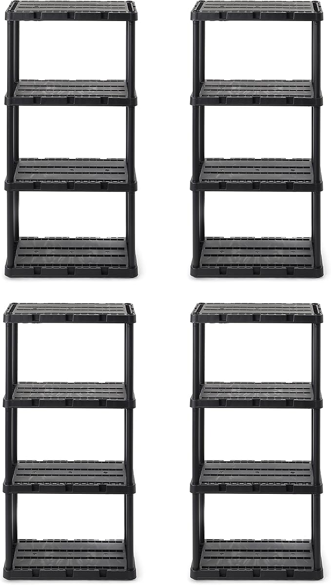 Gracious Living 4 Pack Light Duty Storage Shelves, Knect-A-Shelf 4-Shelf Ventilated Shelving Rack Organizer for Home, Garage, Basement & Laundry, Black by GraciousLiving