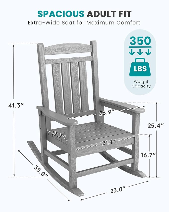 SERWALL HDPE Outdoor Rocking Chair Set of 2, Oversized Patio Rocking Chairs, All-Weather Porch Rockers for Adults, Light Gray - Image 3