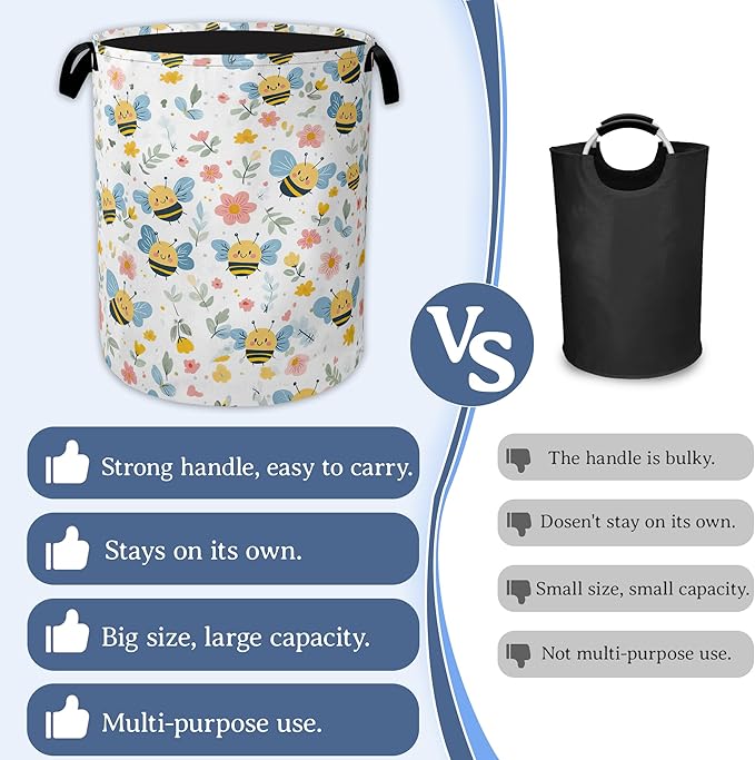 Cute Bee Laundry Basket, Foldable Oxford Cloth Pink Flowers Laundry Hamper - Image 3