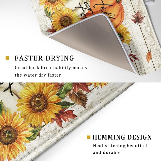 Hello Fall Dish Drying Mat Autumn Pumpkin Dish Drainer Rack Mats 18"x24" Fast - Image 3