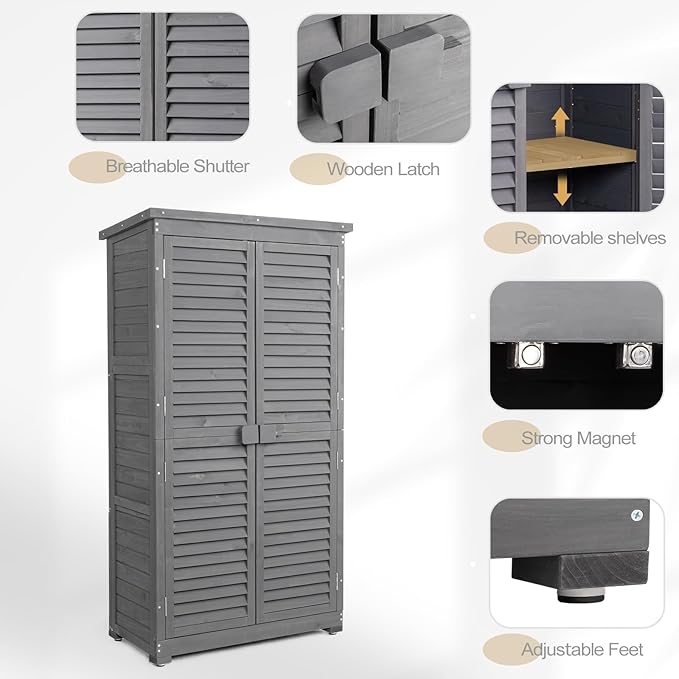Outvita Outdoor Storage Cabinet, 63in Wooden Garden Tools Shed with 2 Lockable Doors, 3 Adjustable Shelves, Waterproof Roof for Yard Garge Patio Deck Porch（Grey） - Image 3