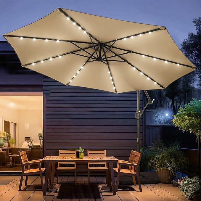 wikiwiki 10ft Solar LED Patio Umbrella with Base Included, Offset Umbrella with Weighted Sandbag Base, Cantilever Patio Umbrellas for Backyard, Garden & Deck, 32 LED Lights & Polyester Shade, Tan - Image 9
