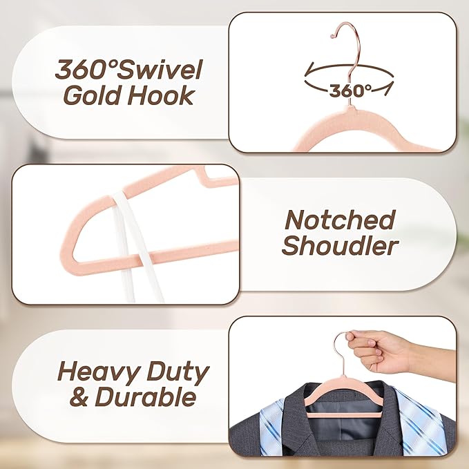 Velvet Hangers 30 Pack with Rose Gold Hooks, Space Saving & Heavy Duty Slim - Image 2