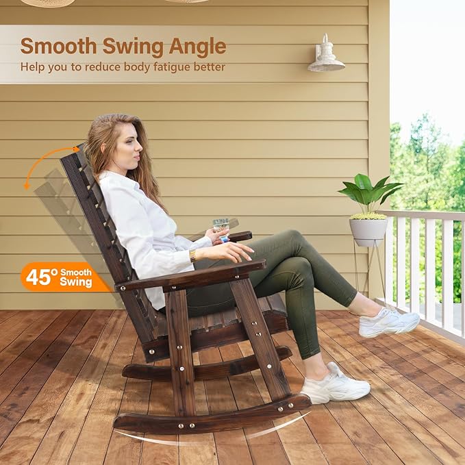 VINGLI Wooden Rocking Chair with High Backrest, Solid Fir Wood, Heavy Duty 600 LBS Patio Rockers for Indoor and Outdoor, Garden, Yard, Patio, Rustic - Image 4