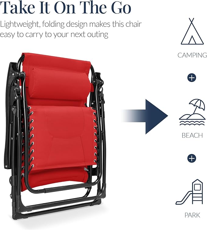 Best Choice Products Oversized Padded Zero Gravity Chair, Folding Outdoor Patio Recliner, XL Anti Gravity Lounger for Backyard w/Headrest, Cup Holder, Side Tray, Polyester Mesh - Crimson Red - Image 5