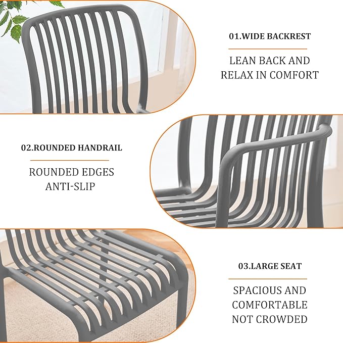 Patio Dining Chairs Set of 4, All-Weather Outdoor and Indoor Stackable Chairs with Curved Back, Waterproof for Patio, Deck, Porch, Backyard, Restaurant & Cafe Use, Grey - Image 4