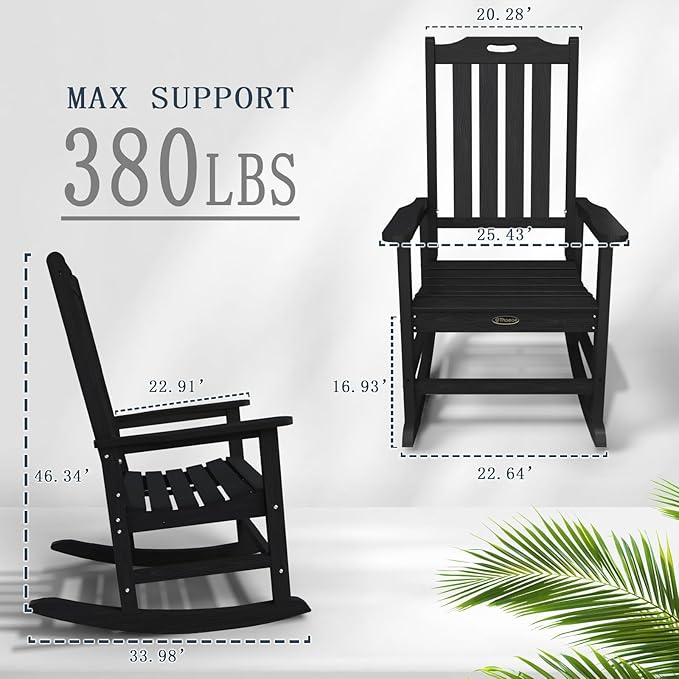 Oversized Rocking Chair Set of 8, Outdoor Rocking Chair for Adults, All Weather Resistant Porch Rocker for Lawn Garden, Black - Image 3