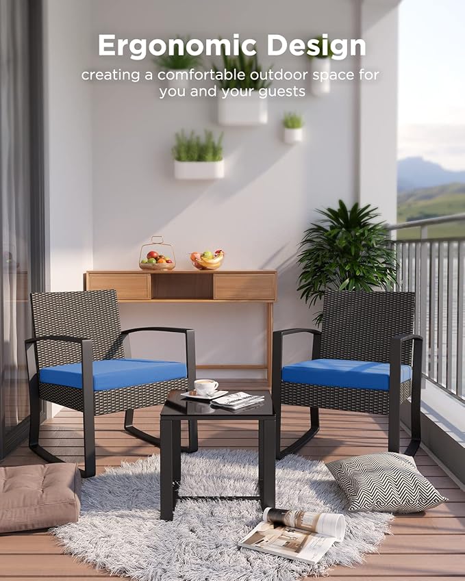 3 Piece Patio Bistro Set Patio Furniture Set Outdoor Wicker Rocking Furniture Conversation Set with Tempered Glass Coffee Table for for Front Porch Balcony and Deck (Blue Cushion) - Image 2