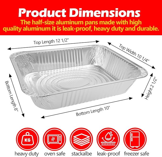 9x13 Aluminum Foil Pans, 10 Pack Disposable Trays Half Size Heavy Duty Tin Pans - Image 2
