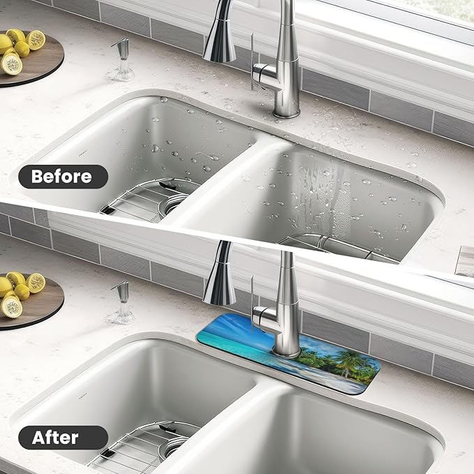 Beach Tropical Palm Tree Waves Travel Island Kitchen Sink Splash Guard Faucet - Image 4