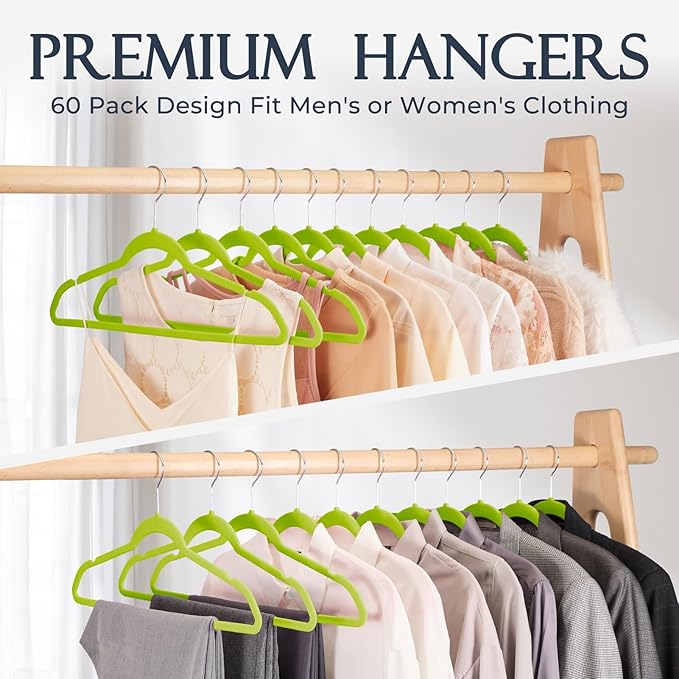 HOUSE DAY Vibrant Green Velvet Hangers 60 Pack, Non Slip Clothes Felt Hanger - Image 8