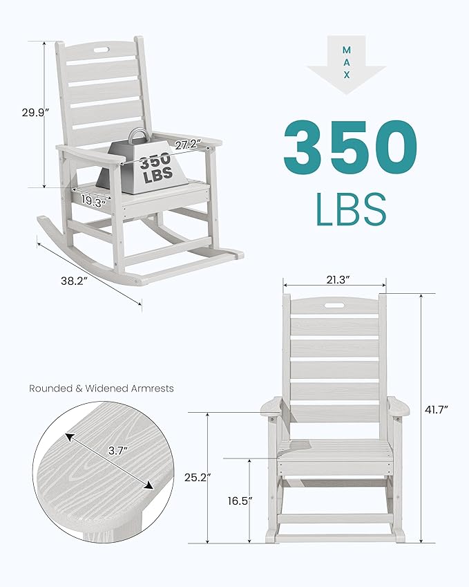 SERWALL Outdoor Rocking Chair Set of 2, Oversized Rocking Chair with Footboard for Adults, HDPE All Weather Resistant Rocking Chairs for Patio, 350lbs Weight Capacity, White - Image 3