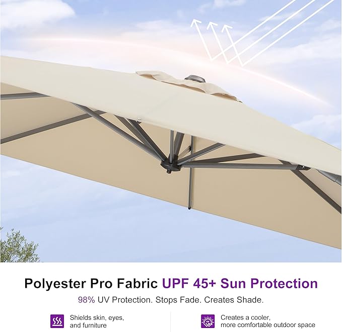 PURPLE LEAF 8 Feet Square Cantilever Umbrella Patio Umbrella with Base Outdoor Umbrella Aluminum with 360-degree Rotation for Garden Deck Pool Patio Beige - Image 6