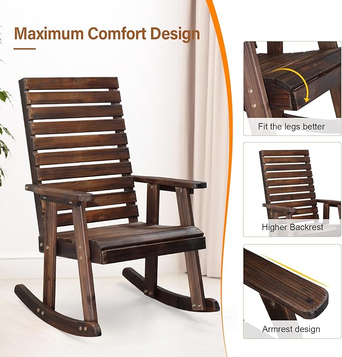 VINGLI Wooden Rocking Chair with High Backrest, Solid Fir Wood, Heavy Duty 600 LBS Patio Rockers for Indoor and Outdoor, Garden, Yard, Patio, Rustic - Image 6