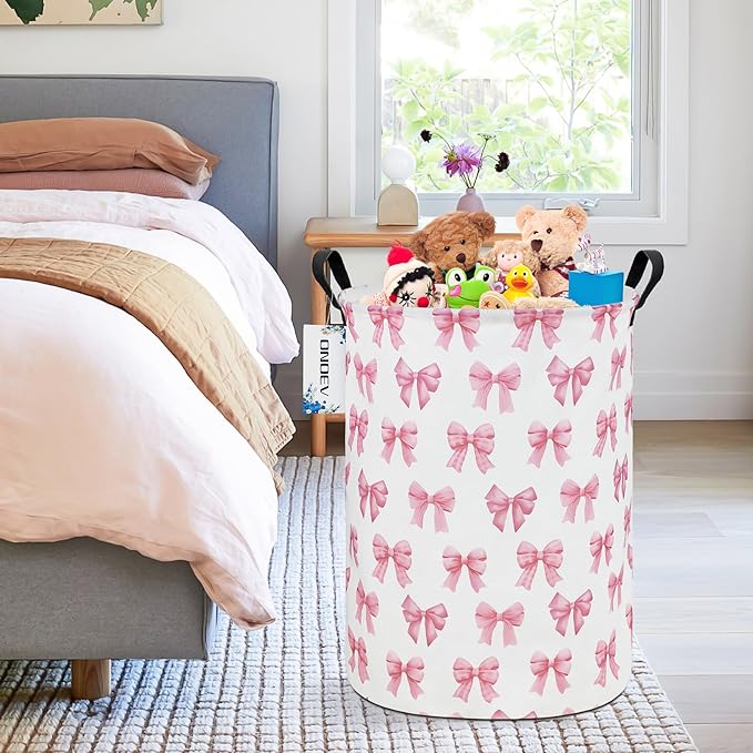 Round Foldable Girls' Storage Basket Kids Laundry Hamper Pink Gift Basket - Image 5