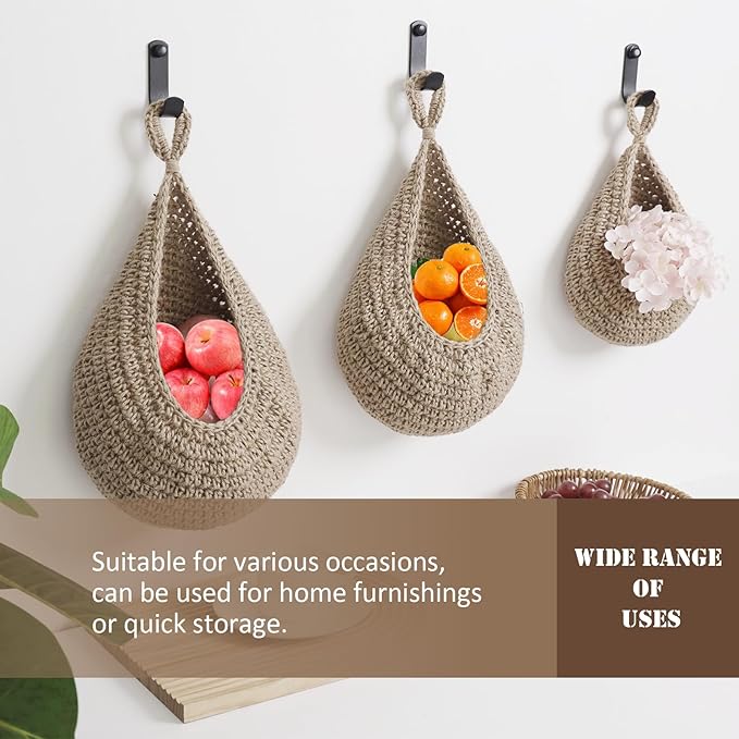 Hanging Fruit Basket Set of 3, Boho Wall Hanging Storage Basket - Image 6