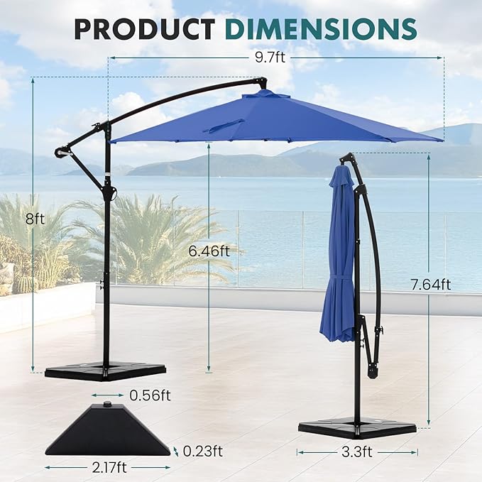 OLIXIS 9.7FT Offset Patio Umbrella with Base, Cantilever Table Umbrellas for Outdoor Sun Shade UV Protection with Easy Tilt Adjustment, 8 Ribs for Backyard, Lawn, Garden, Pool - Blue - Image 5