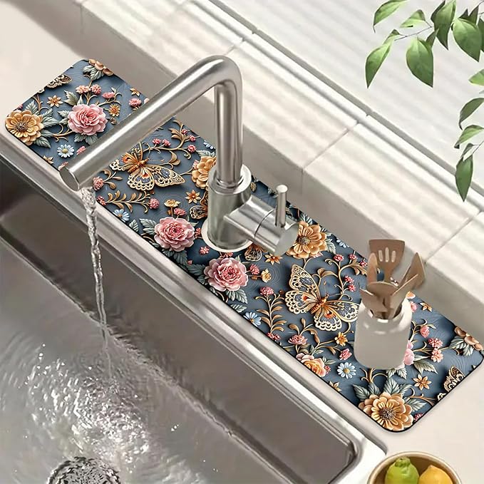 Gold Butterfly Kitchen Sink Splash Guard Faucet Mat Pink Floral Super Absorbent by Unknown