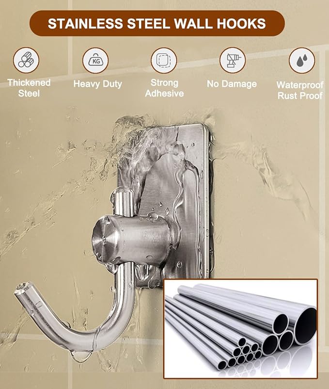 Self Adhesive Towel Hooks, Waterproof Rustproof Stainless Steel Sticky Wall - Image 2