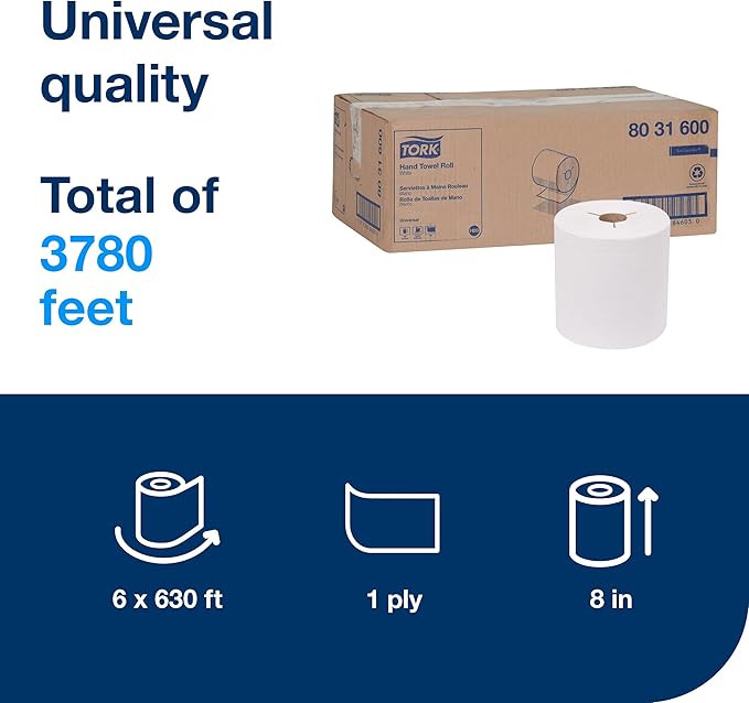 Tork Hand Towel Roll White H80, 100% Recycled Fiber, 6 Rolls x 630 ft - Image 3