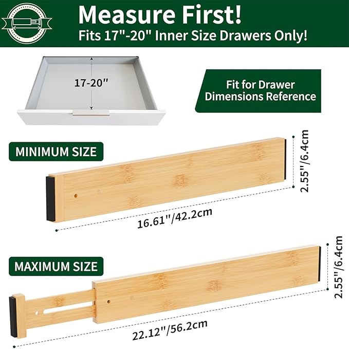 4 Pack Bamboo Drawer Dividers 2.6" High, Adjustable Spring Loaded Clothes - Image 2