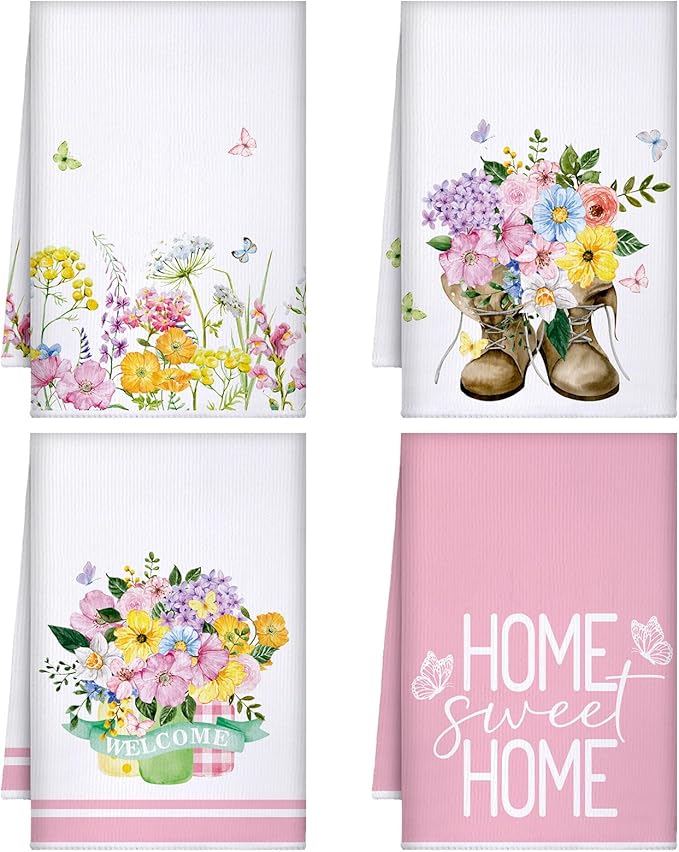 Bencailor 4 Pcs Pink Floral Kitchen Towels Pink and White Flower Hand Dish by Bencailor
