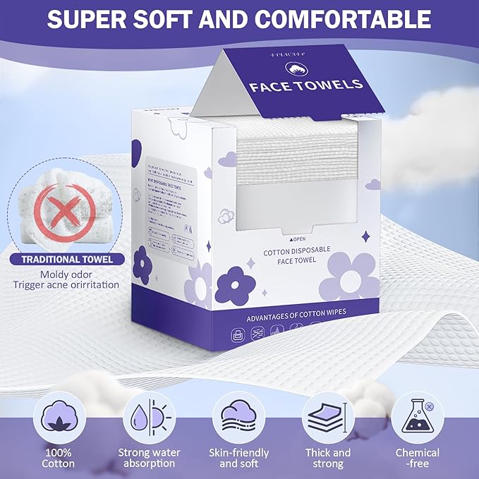 Face Towels, Disposable Face Towelette, Makeup Remover Dry Wipes 100 Count - Image 3