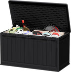 JUMMICO 160 Gallon Resin Outdoor Storage Deck Box with Divider, Waterproof Storage Box&Bench with Lockable Lid for Garden Tools, Pools Supplies (Black) by JUMMICO