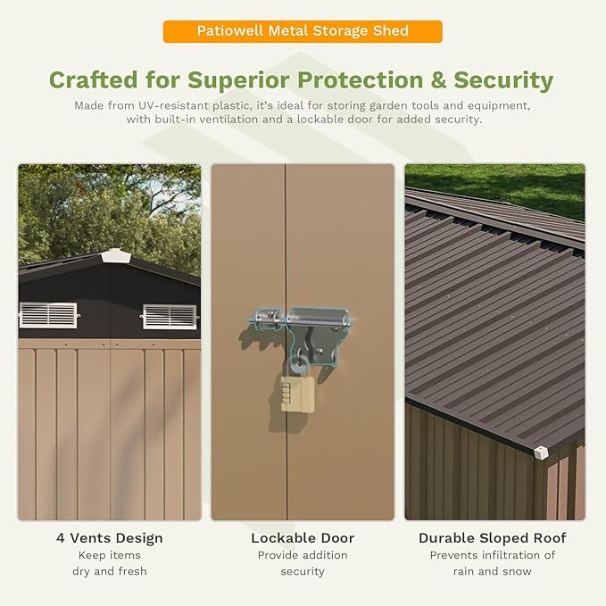 Patiowell 10 x 12 FT Metal Storage Shed for Outdoor with Floor Frame, Steel Yard Shed with Design of Lockable Doors, Utility and Tool Storage for Garden, Backyard, Patio, Outside use,Brown - Image 7
