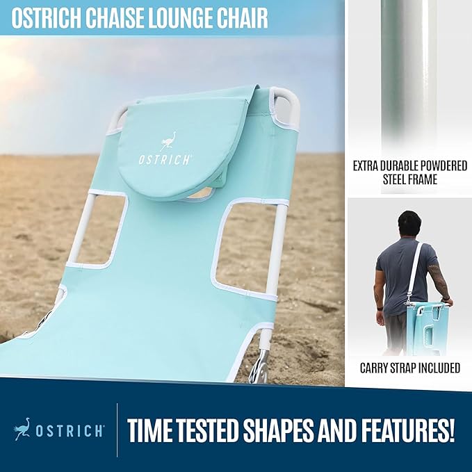 Ostrich 72 by 22 Inch Versatile Chaise Lounge Portable Reclining Lounger, Outdoor Patio, Beach, Lawn, Camping, or Pool Tanning Chair, Aqua - Image 4