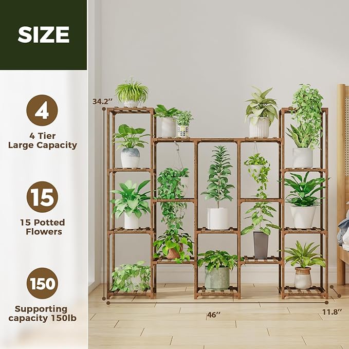 Bamworld Large Hanging Plant Stand Indoor Tall Plant Shelf Outdoor 14 Pots Large Plant Rack for Living Room Patio, Balcony and Garden - Image 4