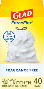 Glad ForceFlex Tall Kitchen Drawstring Trash Bags, 13 Gal, Fragrance Free by GladTrashFoodStorage