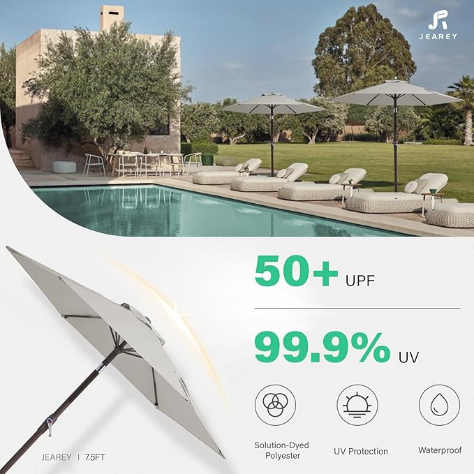 JEAREY 7.5FT Patio Umbrella Market Table Umbrella with 6 Sturdy Ribs, Push Button Tilt/Crank Outdoor Umbrella for Garden, Deck, Backyard, Pool and Beach,Light Grey - Image 5