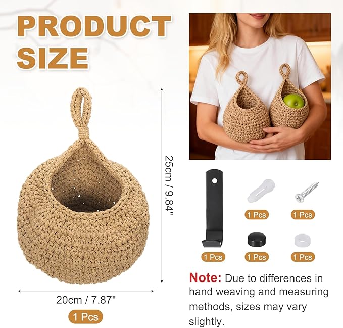 uxcell Hanging Fruit Baskets for Kitchen, Hand-Woven Wall Hanging Storage Jute - Image 2