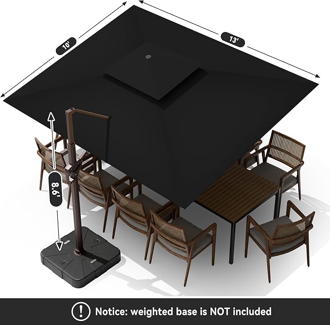 10 X 13 FT Cantilever Outdoor Patio Umbrella with Led Lights Large Heavy Duty 360° Rotation Double Top Offset Rectangular Umbrellas for Backyard Garden Pool Outside Deck, Black - Image 8