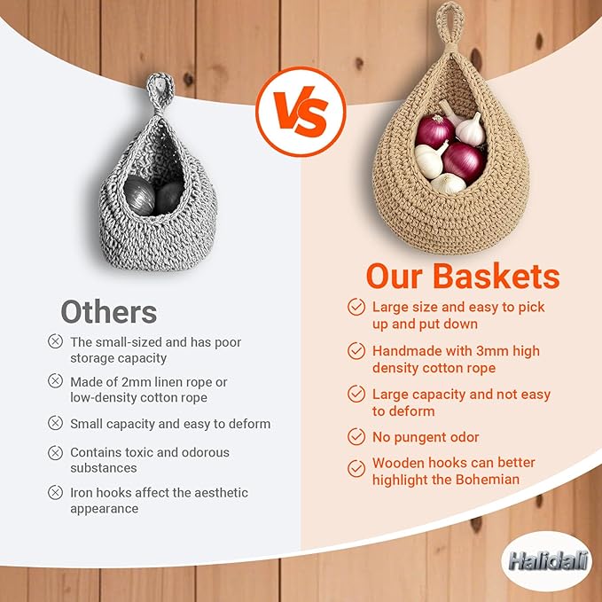 Halidali Hanging Fruit Baskets for Kitchen, 3 Pack Boho Cotton Rope Handwoven - Image 3