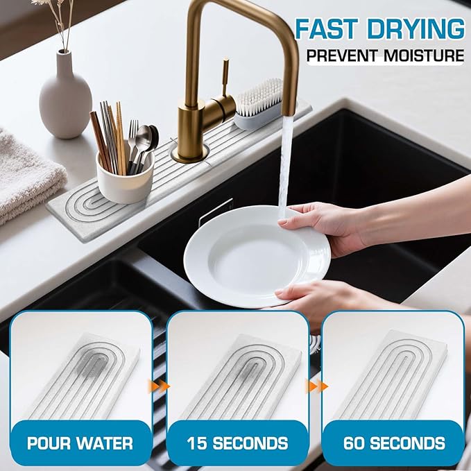 White Diatomite Faucet Mat, Fast-Drying Stone Sink Tray&Splash Guard - Image 2