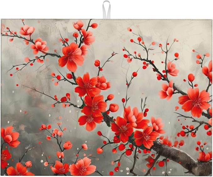 Red Plum Blooms Dish Drying Mats by Unknown