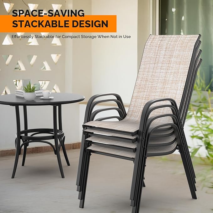 VINGLI Patio Chairs Set of 4 – Stackable Outdoor Dining Chairs with Comfortable Sling High Back Chairs and Armrests for Lawn, Poolside, Courtyard, Balcony, Garden, Yellow - Image 4