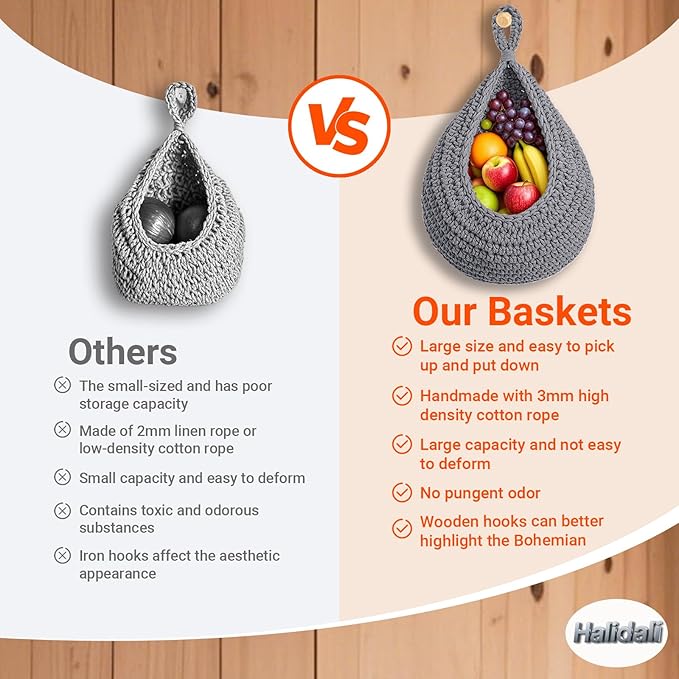 Hanging Fruit Baskets for Kitchen, 3 Pack Boho Cotton Rope Handwoven Vegetable - Image 3