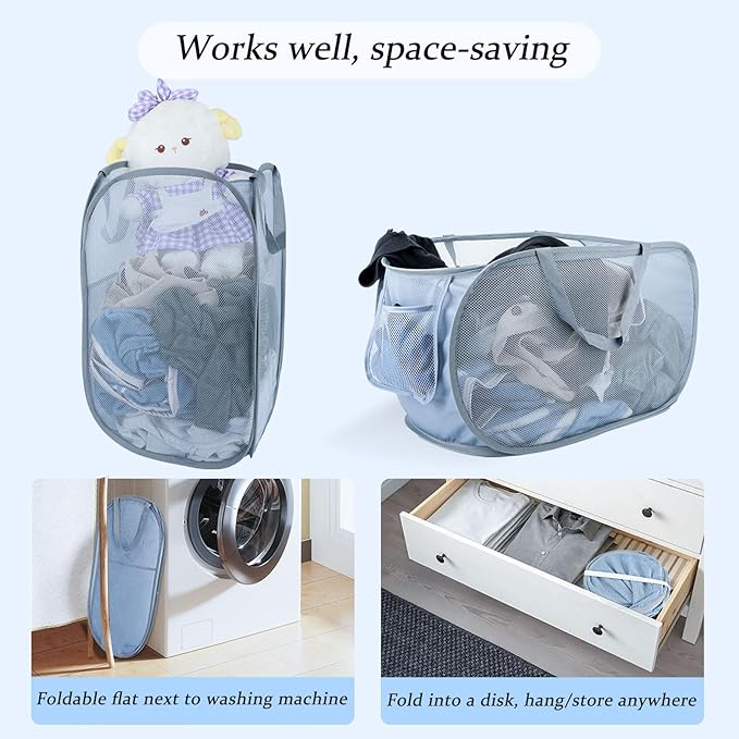 Extra Large Mesh Pop Up Laundry Hamper 2 Pack, 100L Foldable Laundry Baskets - Image 6