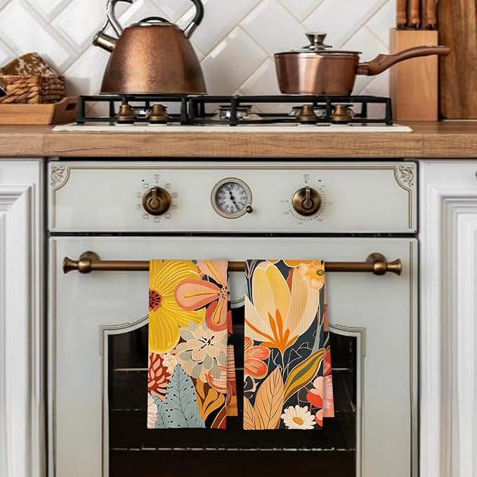 Abstract Boho Floral Kitchen Towels Set of 2, Maximalist Colorful Flower Hand - Image 3