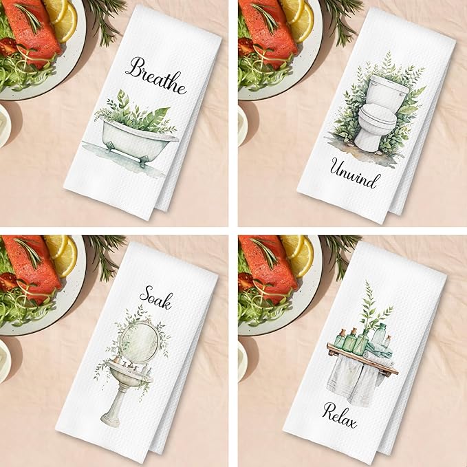 Boho Farmhouse Bathroom Hand Towels Set of 4, Relax Breathe Soak Unwind - Image 4
