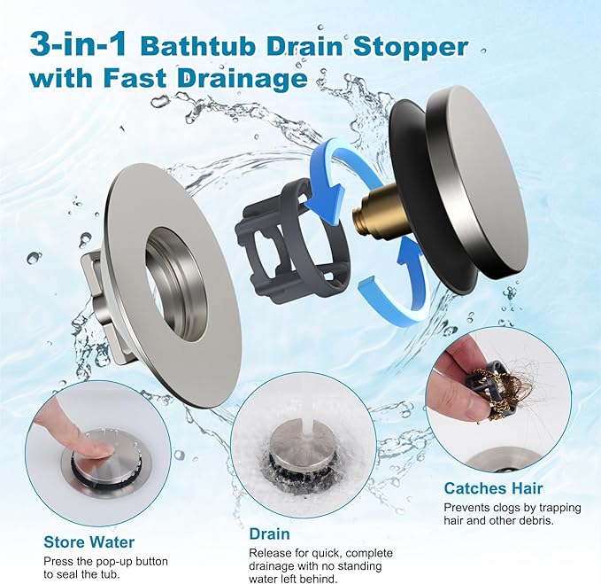 Hibbent 3 in 1 Metal Bathtub Drain Stopper, Universal Pop Up Tub Stopper - Image 2