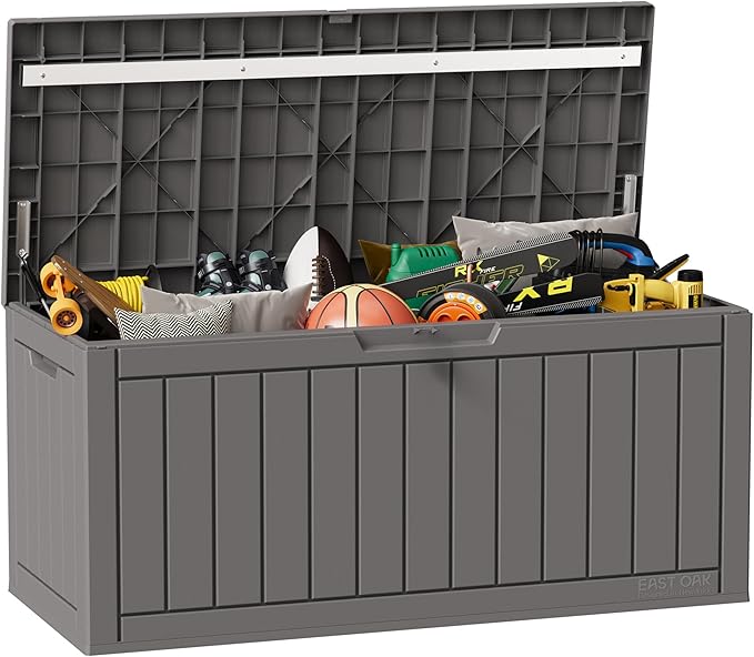 EAST OAK Outdoor Storage Box, 90 Gallon Deck Box, Waterproof Resin Storage Bin for Patio Cushions, Gardening Tools, Lockable, UV Resistant, Grey by EASTOAK