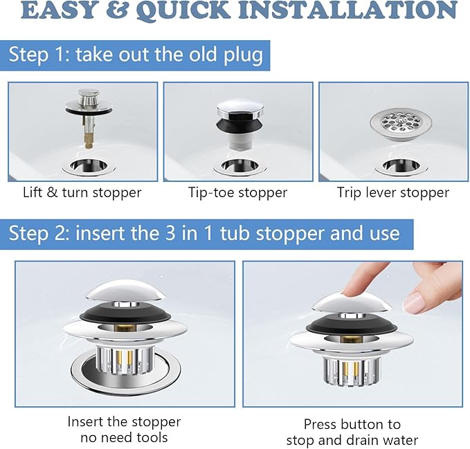Universal 3 in 1 Bathtub Drain Stopper Bathtub Drain Hair Catcher, Pop-up Tub - Image 7