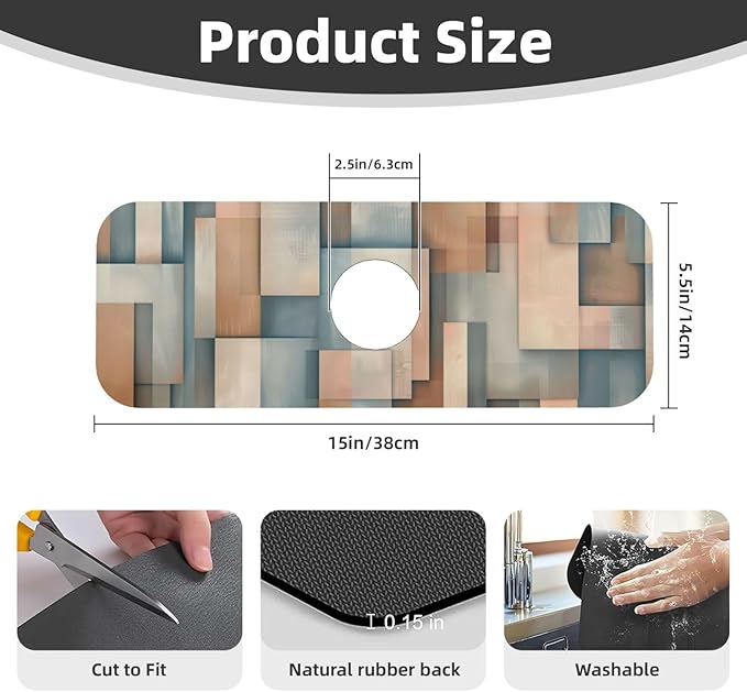 Faucet Draining Mat For Kitchen Sink, Geometric Shapes Brown Beige Diatom Mud - Image 2
